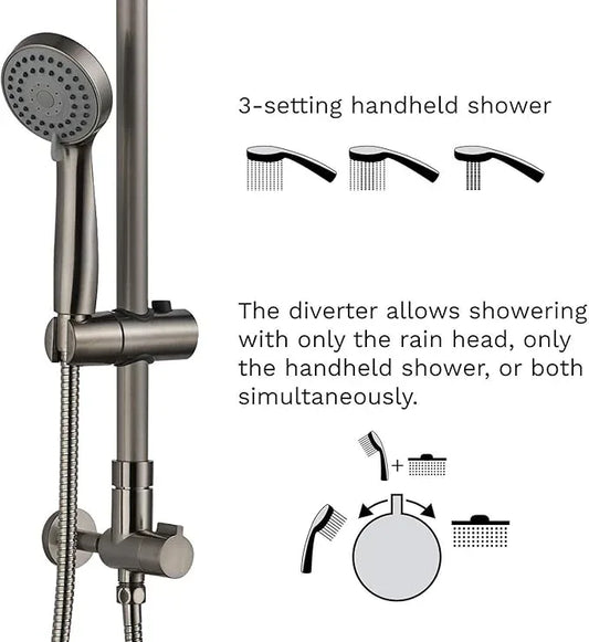 Fennocasa Polaris 1 Rain Shower System, includes 8” Rainfall Shower Head with High Pressure Handheld Combo, 3-Setting Handheld Spray, Height Adjustable Spray Holder, 60” Hose (Brushed Nickel) - ModernBath