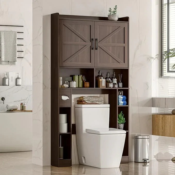 Over The Toilet Storage Cabinet, Farmhouse Toilet Cabinet Rack with Barn Doors, Space Saving Bathroom Organizer with Shelves, Toilet Paper Holder and Towel Rack for Bathroom,Restroom,Laundry,Espresso - ModernBath