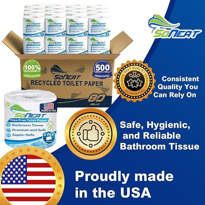 2-Ply Toilet Paper Bulk | Septic safe toilet paper | 40,000 Soft Sheets | 80 Rolls x 500 Sheets Each | Recycled Fiber & Strong Bath Tissue Mega Pack for Home & Commercial Use - ModernBath