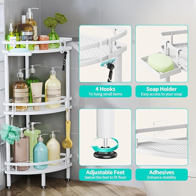 HapiRm Standing Corner Shower Caddy - 3 Tier Shower Organizer Corner with Soap Holder and 4 Hooks, Rustproof Bathroom Storage Shelves with Adhesives, White - ModernBath