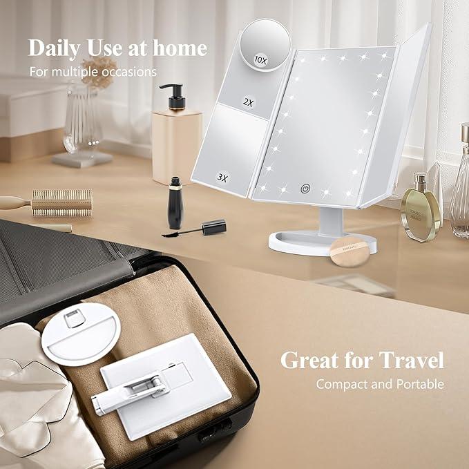 HUONUL Makeup Mirror, Vanity Mirror with Lights, 2X/3X/10X Magnification, Touch Control, Trifold, Dual Power Supply, Valentines Day Gifts for Her,Gifts for Women, Wife, Mom, Girls,Dorm Room Essentials - ModernBath