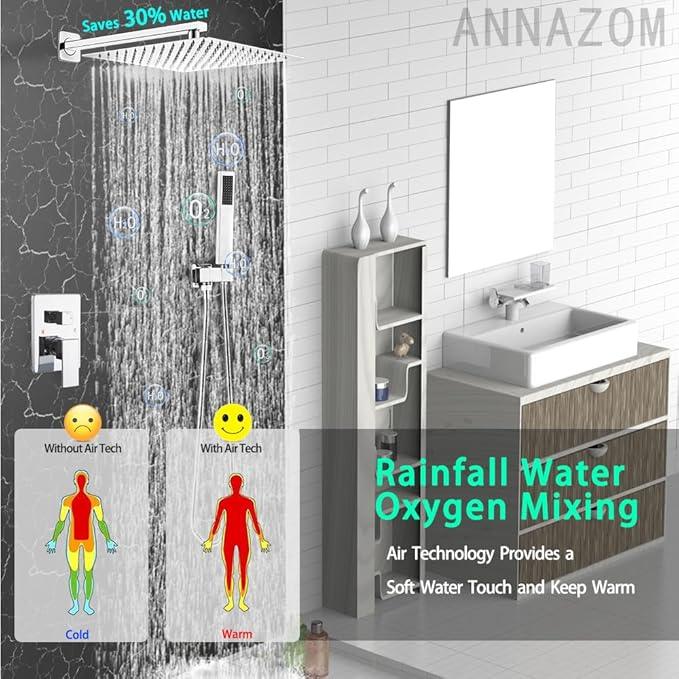 annazom Shower Faucet Set Polished Chrome Surface Large 12 Inch Shower Head Handheld Shower Combo Set High Pressure Recessed Wall Mount, Chrome - ModernBath