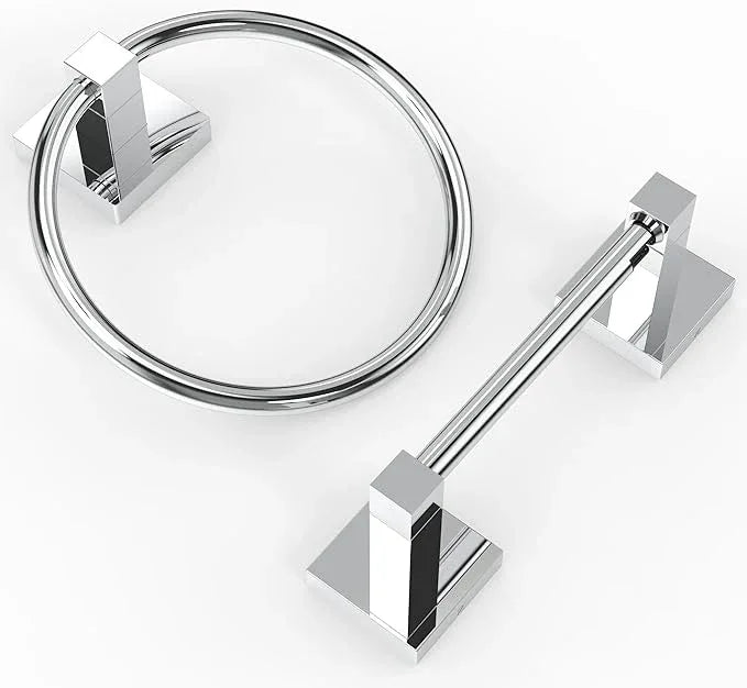 Ruacq Chrome Toilet Paper Holder Towel Ring Bathroom Accessories Hardware Set Double Post Pivoting Toilet Roll Holder Square Stainless Steel and Zinc Alloy Modern Wall Mounted 2 Pieces - ModernBath