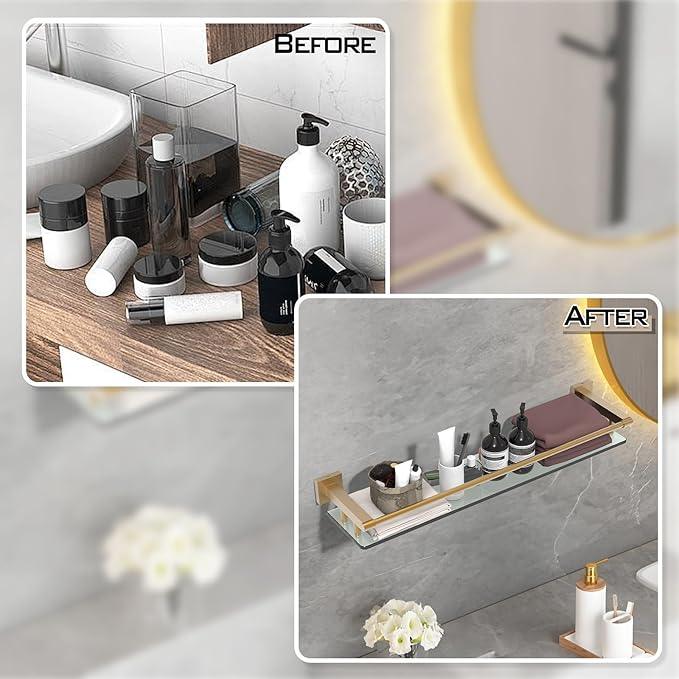 Glass Shelf for Bathroom 24 inch Rectangular Stainless Steel Wall Sheves Tempered Glass Modern Stainless Steel Wall Mount Accessories Organizers Storage (Brushed Gold) - ModernBath