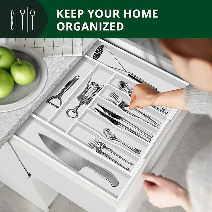 ROYAL CRAFT WOOD Luxury Bamboo Kitchen Drawer Organizer - Silverware Organizer - Utensil Holder and Cutlery Tray with Grooved Drawer Dividers for Flatware and Kitchen Utensils (9 Slot, White) - ModernBath