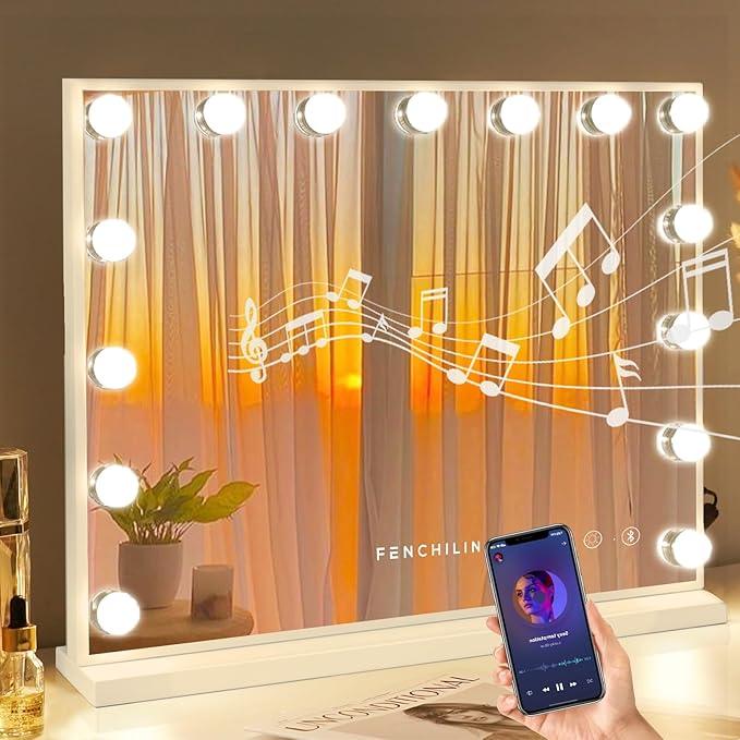 FENCHILIN Vanity Mirror with Lights and Bluetooth Speaker 22.8"x 18.1" Makeup Mirror Lighted Hollywood Mirror with 15 Dimmable LED Bulbs USB Charge Port, 3 Color Lighting Modes - ModernBath