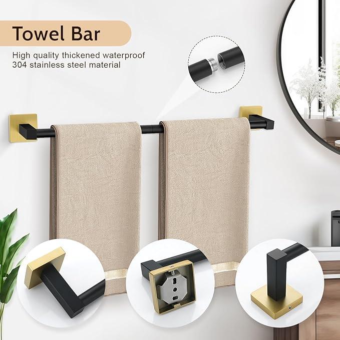 Lairuier 5-Piece Black Gold Bathroom Hardware Set, Bathroom Accessories Set with Towel Bar, Toilet Paper Holder and 2 Towel Hooks SUS304 Stainless Steel Towel Bar Set Wall Mounted - ModernBath