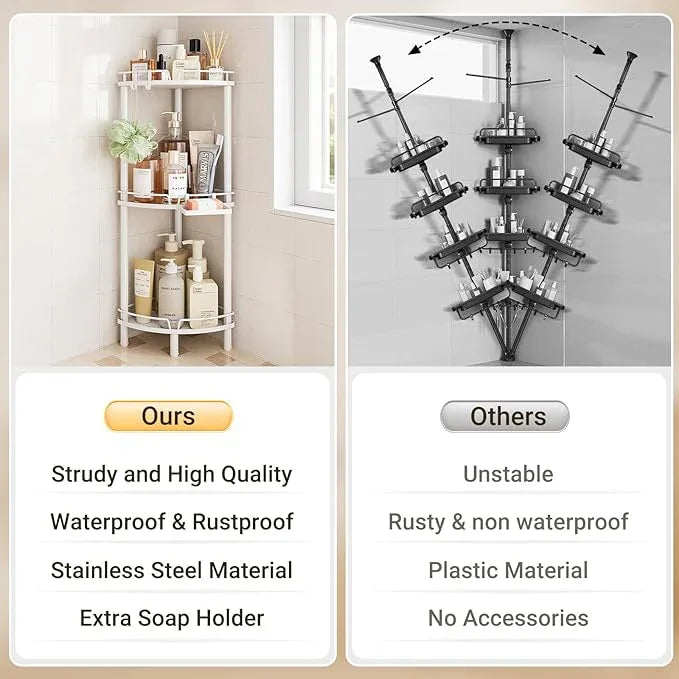 ELYKEN Corner Shower Caddy Standing, 3 Tier Rustproof Metal Shower Organizer with Soap Holder, Floor Shower Corner Shelf Rack Storage Stands with Adjustable Feet & 2 Hooks for Bathroom, White - ModernBath