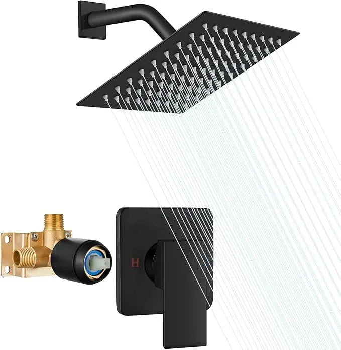 Heyalan 8 Inch Shower Head and Handle Set Square Shower Faucet Set Bathroom Rainfall Shower Faucet Set Stainless Steel Showerhead Single Function Shower Trim Kit,Male Thread Valve,Matte Black - ModernBath