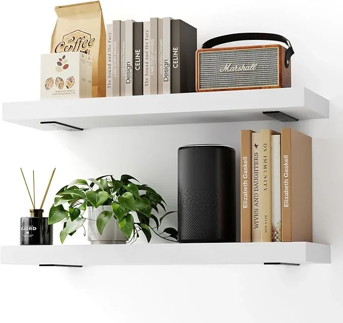 Solid Wood Floating Shelves 24'' Long, 8'' Deep Wall Mounted Shelves with Heavy Duty Brackets, Max Load 150 lbs, Wall Shelves for Bathroom Kitchen Living Room, 24 x 8 x 1.6 in, White, Set of 2 - ModernBath