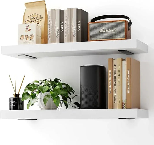 Solid Wood Floating Shelves 24'' Long, 8'' Deep Wall Mounted Shelves with Heavy Duty Brackets, Max Load 150 lbs, Wall Shelves for Bathroom Kitchen Living Room, 24 x 8 x 1.6 in, White, Set of 2 - ModernBath