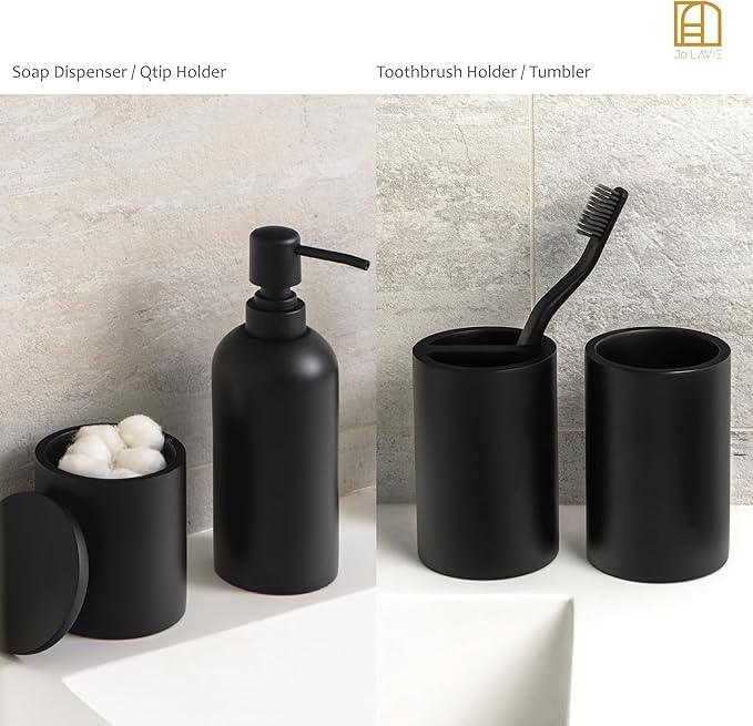 Jo Lavie Bathroom Accessory Set - 4 Pcs Matte Black Bathroom Set with Toothbrush Holder, Soap Dispenser, Tumbler & Cotton Swab Jar - Bathroom Vanity Countertop Organizer, Bathroom Decor Sets - ModernBath