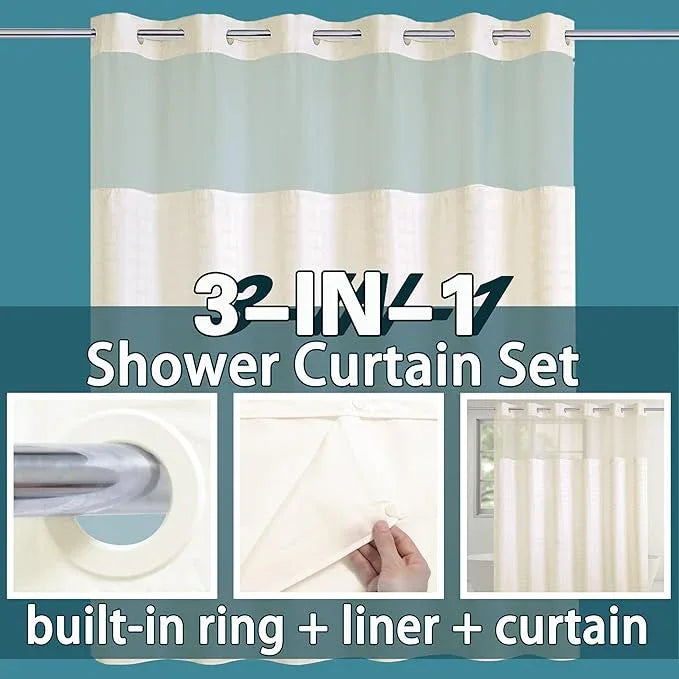 Conbo Mio Extra Wide No Hook Shower Curtain with Snap in Liner Set, 108" x 74" Hotel Luxury Beige Shower Curtains for Bathroom with See Through Top Window, Waterproof, Washable 108W x 74H - ModernBath