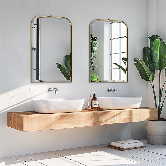 POZINO Brushed Gold Beveled Mirror, 20"x30" Arched Mirror for Over Sink, Rounded Rectangle Mirrors with Stainless Steel Frame, Brass Vanity Wall Mirrors for Bathroom Bedroom Living Room Entryway - ModernBath
