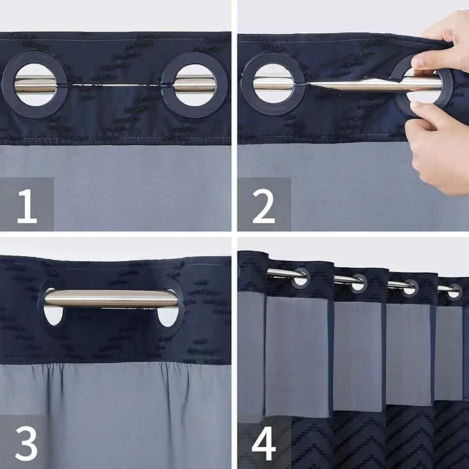 eachope Extra Long No Hook Tufted Chevron Striped Shower Curtain with Snap-in Fabric Liner set-71Wx86H(84H),Navy Blue Hotel Grade Boho Style Shower Curtain,Water Repellent - ModernBath