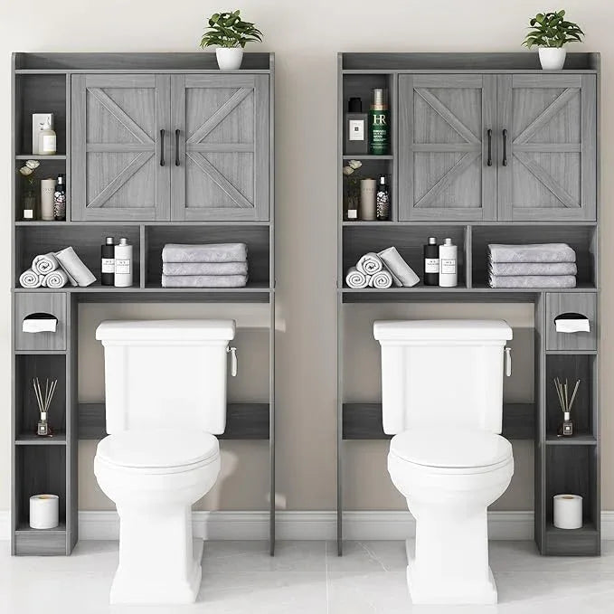 Vabches Over The Toilet Storage Cabinet, Farmhouse Style with 2 Barn Doors, Toilet Paper Holder, Space-Saving for Bathroom & Laundry, Gray - ModernBath