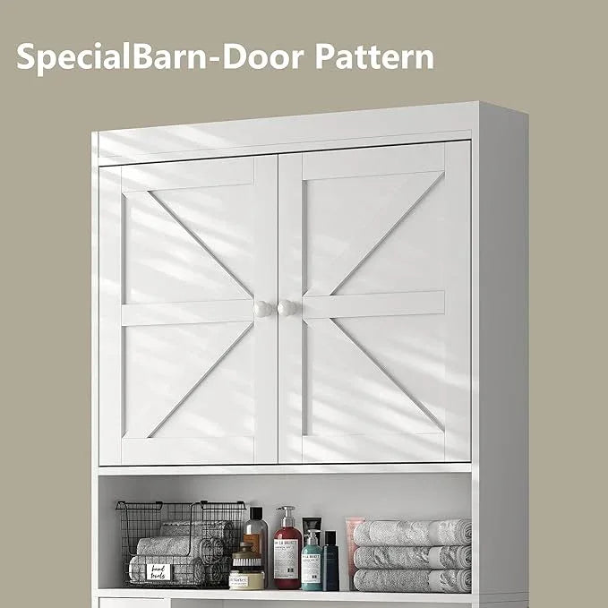Furnideco Over The Toilet Storage Cabinet with Barn Doors, 32.3''W Free Standing Toilet Storage Shelf Space Saver with Adjustable Bottom Bar, White - ModernBath