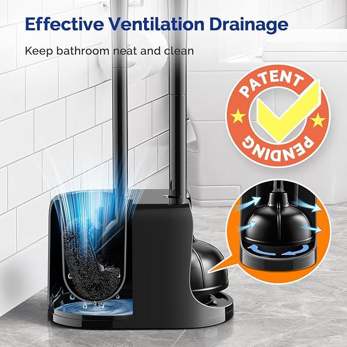HAMITOR Toilet Plunger Bowl Brush Combo：Heavy Duty Rubber for Drain Clog Remover - Curved Design Bristles for Deep Cleaning Under Rim - Compact Bathroom Cleaning Tools for New Homet Essentials - Black - ModernBath