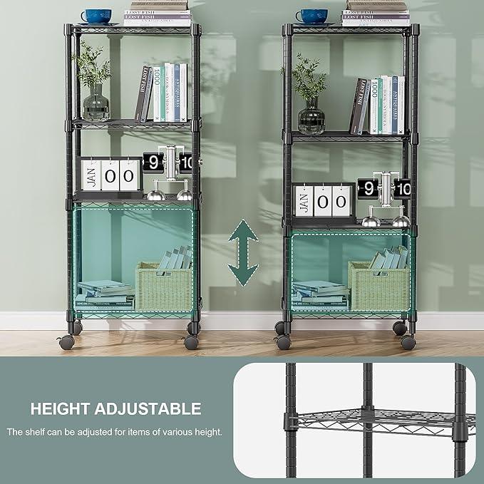4-Shelf Adjustable Heavy Duty Steel Wire Rack, Adjustable Storage Shelving Unit with Wheel for Kitchen, Garage, Laundry Black 11.8" D x 17.7" W x 40.8" H - ModernBath
