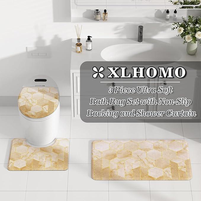 XLHOMO Bathroom Sets with Shower Curtain and Rugs - 4PC Beige Geometric Shower Curtain Set with 12 Hooks, Toilet Cover, U-Shaped Mat and Rugs Modern Abstract Bathroom Accessories for Bathroom - ModernBath