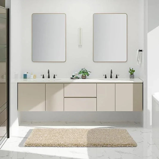 Yimobra Luxury Bathroom Rugs, Fluffy Bath Mats, Non Slip, Water Absorbent Microfiber, Machine Washable, Plush Runner Shower Rugs, Thick Matts for Bathroom Floor/Tub, 60"x 24", Light Beige and White - ModernBath