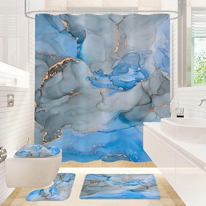 Gibelle 4 Pcs Bathroom Shower Curtain Set with Non-Slip Rugs, Toilet Lid Cover and Bath Mat, Blue Grey Marble Bathroom Decor Set with Shower Curtain and Rugs and Accessories - ModernBath