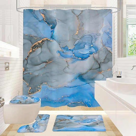 Gibelle 4 Pcs Bathroom Shower Curtain Set with Non-Slip Rugs, Toilet Lid Cover and Bath Mat, Blue Grey Marble Bathroom Decor Set with Shower Curtain and Rugs and Accessories - ModernBath