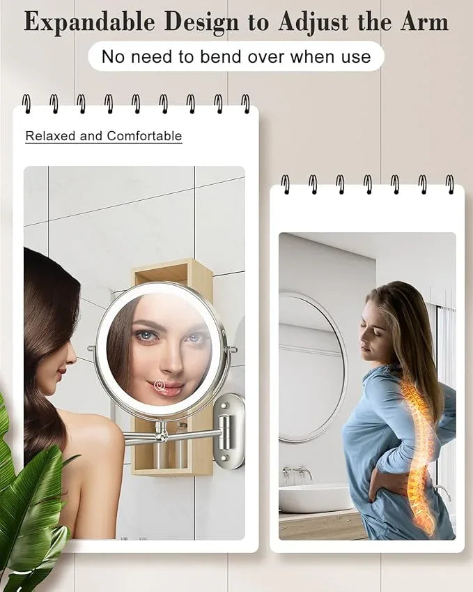 vpu 9" Wall Mounted Makeup Mirror with Light, 20X/1X Height Adjustable Double Sided Magnifying Bathroom Lighted Mirror, 3 Color Touch Dimmable Extended Arm 360 Rotation Light up Magnification Mirrors - ModernBath
