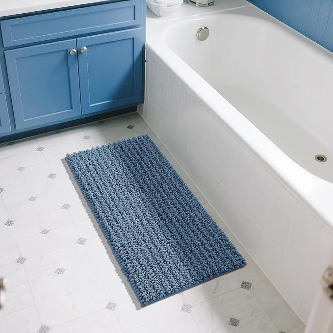 Yimobra Long Bathroom Rugs Non Slip Washable 44x24 Inch - Ultra Soft Absorbent Chenille Bath Mat, Quick Dry Shaggy Floor Carpet for Tub Shower, Denim Blue Home Decor Accessories - ModernBath