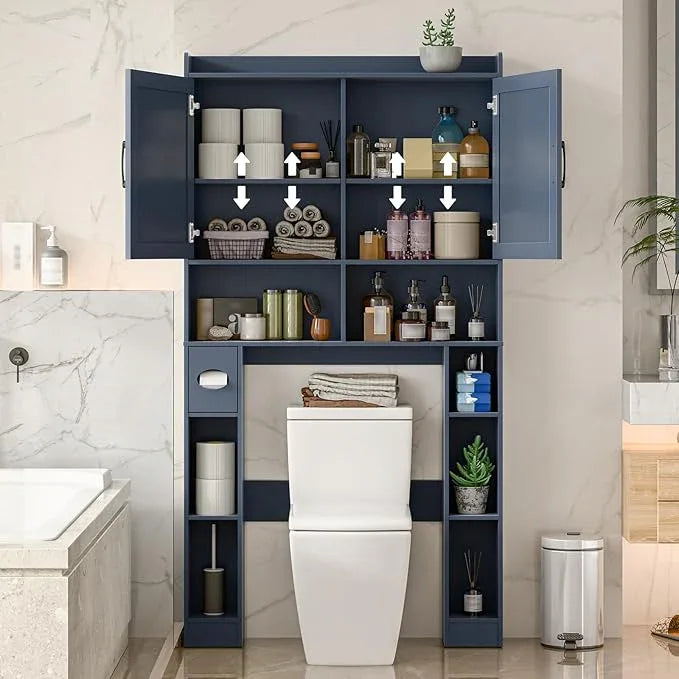 Over The Toilet Storage Cabinet, Farmhouse Toilet Cabinet Rack with Barn Doors, Space Saving Bathroom Organizer with Shelves, Toilet Paper Holder and Towel Rack for Bathroom,Restroom,Laundry,Blue - ModernBath