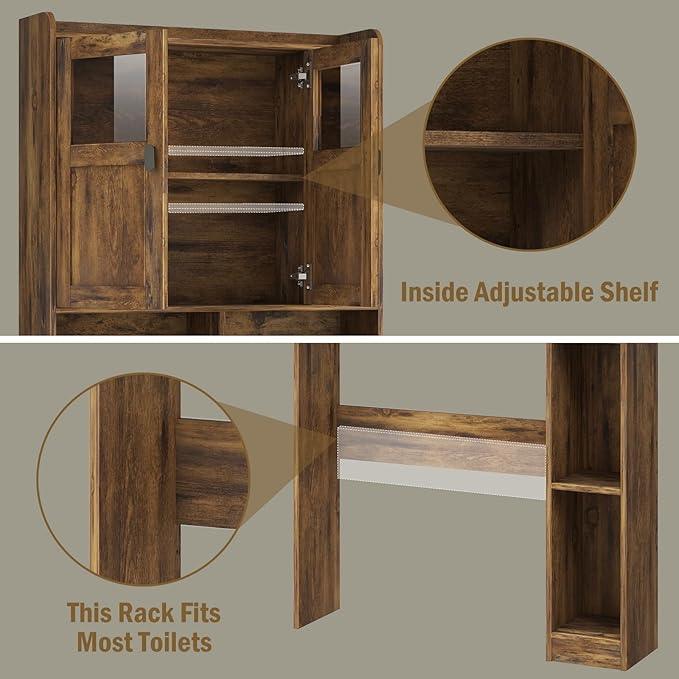 Vabches Over The Toilet Storage Cabinet, Bathroom Shelf Over Toilet with Glass Doors and Adjustable Shelves, Brown Freestanding Home Space Save Toilet Rack, for Restroom, Bathroom, Laundry - ModernBath