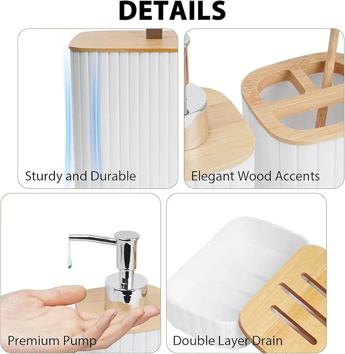 Bathroom Accessory Set - 10 Piece White Bathroom Sets Complete with Trash Can, Toothbrush Holder & Cup, Soap Dispenser, Soap Dish, Toilet Brush & Holder, Vanity Tray, Qtip Holder, Tissue Box Cover - ModernBath