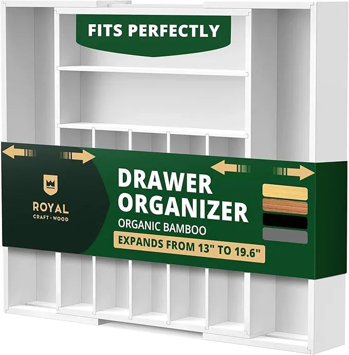 ROYAL CRAFT WOOD Luxury Bamboo Kitchen Drawer Organizer - Silverware Organizer - Utensil Holder and Cutlery Tray with Grooved Drawer Dividers for Flatware and Kitchen Utensils (9 Slot, White) - ModernBath