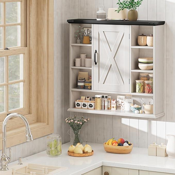 Bathroom Wall Cabinet, Farmhouse Medicine Cabinet with Adjustable Shelves and Barn Doors, Large Wall Mounted Over the Toilet Storage Cabinet for Bathroom, Laundry Room, Kitchen, Rustic White and Black - ModernBath
