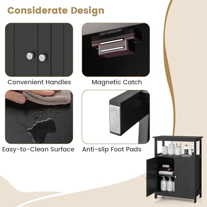 GOFLAME Bathroom Cabinet, Floor Storage Organizer with 2 Doors, 2 Open Shelves, 3-Level Adjustable Shelf, Modern Storage Unit for Laundry Room, Entryway, Living Room, Black - ModernBath