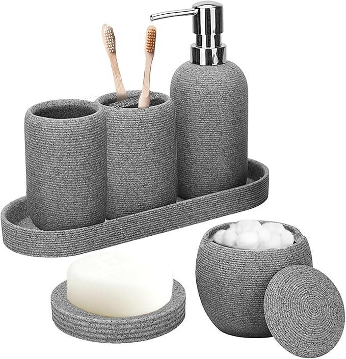Bathroom Accessory Set, 6PCS Gray Bathroom Accessories - Soap Dish, Lotion Dispenser, Toothbrush Holder, Mouthwash Cup, Tray, Cotton Ball Jar, Aesthetic Decor Bathroom Sets - ModernBath