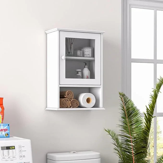 LOKO Bathroom Medicine Cabinet, Over The Toilet Storage Organizer with Adjustable Shelf, Modern Wall Mounted Storage Cabinet with Tempered Glass Door for Living Room, Entryway (White) - ModernBath