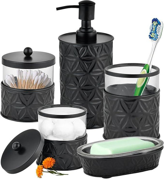 Autumn Alley Black Bathroom Accessories Set, 5 Pieces, Bathroom Decor - Black Soap Dispenser Bathroom Lotion Dispenser, Metal Toothbrush Holder, 2 Glass Apothecary Jars (Qtip Holder), Soap Holder - ModernBath
