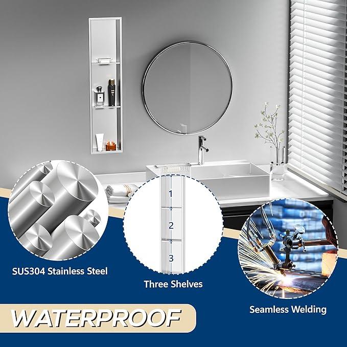 Qeke Stainless Steel Shower Niche 8" X 36", No Tile Needed Wall Niche Three-Tier, Recessed Shower Shelf for Bathroom Storage, Brushed Nickel - ModernBath