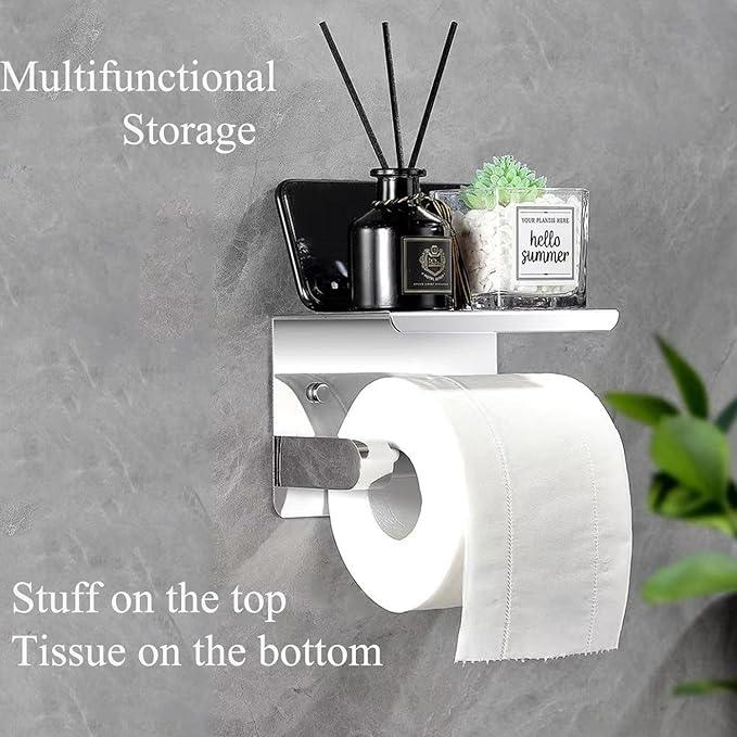 Toilet Paper Holder with Phone Shelf Stainless Steel Bathroom Tissue Roll Holder Wall Mounted Toilet Paper Roll Storage Polished Chrome Finished - ModernBath