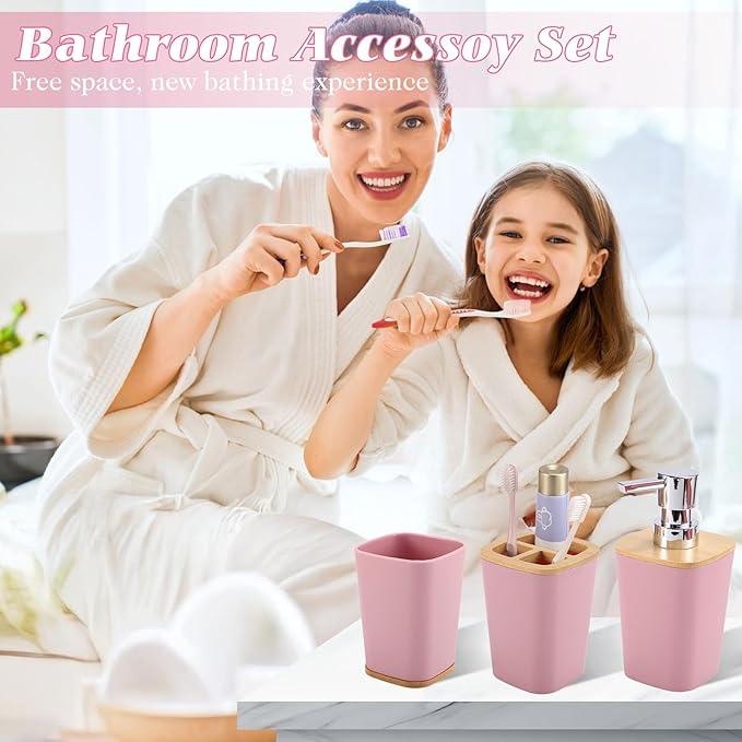 XLHOMO Pink Bathroom Accessories, Bathroom Accessories Set with Trash Can, Soap Dispenser, Toothbrush Holder, Toothbrush Cup, Soap Dish, Toilet Brush, Tray and Q-tip Holders for Housewarming - ModernBath