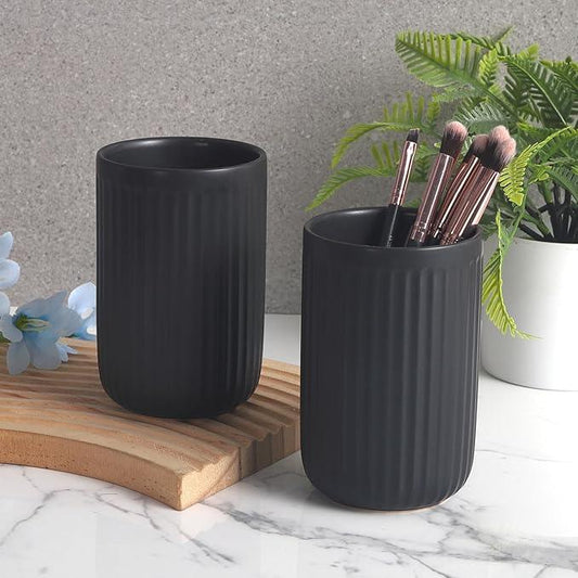Matte Black Toothbrush Holders for Bathrooms - Black Ceramic Bathroom Tumbler Cups Reusable Toothbrush Cup Black Mouthwash Cup, 2 Cups Toothbrush Toothpaste Holders Set, Bathroom Counter Organizer - ModernBath