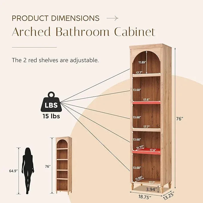 76" Tall Arched Bathroom Storage Cabinet, 5 Tiers Narrow Farmhouse Arched Cabinet w/Adjustable Shelves, Modern Wooden Storage Cabinet for Bathroom, Living Room, Entryway, Study Room (Natural) - ModernBath