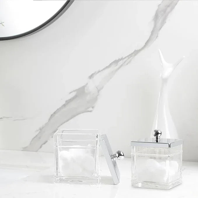 Indecor Home Glass Cotton Jar Holder 2 Pack– Silver/Chrome Lid, Elegant Bathroom Storage Canister for Qtips, Cotton Balls, Floss, Makeup Organizer, Vanity & Bathroom Organization - ModernBath