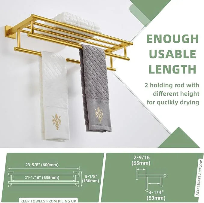 Bathroom Towel Shelf with Holder, Angle Simple SUS304 Stainless Steel Bath Towel Rack with Double Towel Bar, Wall Mount, Brushed Gold 23.62 Inches - ModernBath