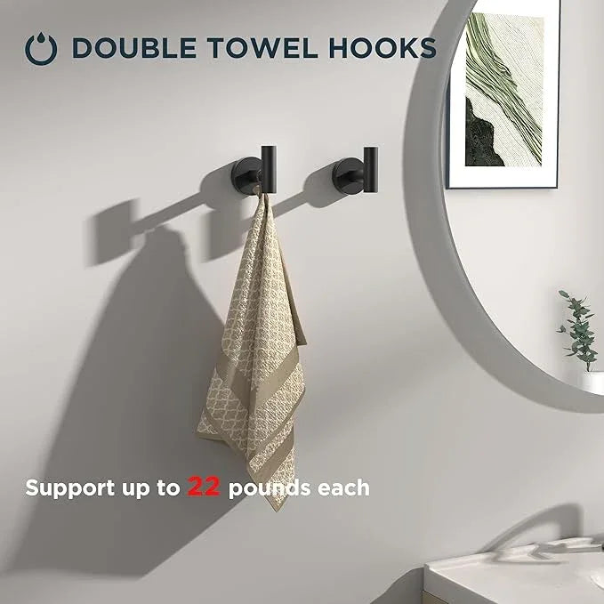 FORIOUS 4 Piece Bathroom Accessories, SUS304 Stainless Steel Double Post Pivoting Toilet Paper Holder, Towel Ring and 2 Towel Hooks, Wall Mounted Bathroom Hardware Set (Matte Black) - ModernBath