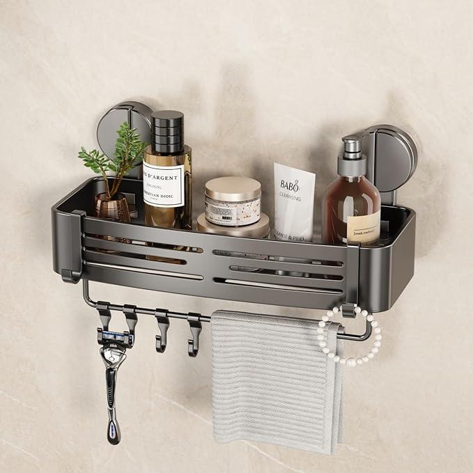 VOLPONE Shower Caddy Suction Cup No Drilling Suction Cup Shower Shelf Heavy Duty Bathroom Shower Organizer Storage Rack Adhesive with Towel Bar Hooks (1-Pack, Matte Gray) - ModernBath