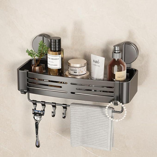 VOLPONE Shower Caddy Suction Cup No Drilling Suction Cup Shower Shelf Heavy Duty Bathroom Shower Organizer Storage Rack Adhesive with Towel Bar Hooks (1-Pack, Matte Gray) - ModernBath