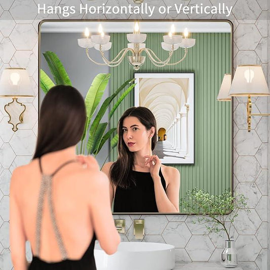 LOAAO 36”X36” Bronze Bathroom Mirrors for Vanity, Rounded Rectangle Brushed Bronze Metal Frame Mirror, Anti-Rust, Tempered Glass, Hangs Horizontally or Vertically - ModernBath