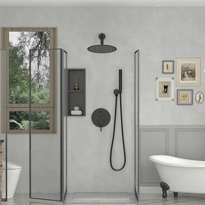 BESy Shower System with 10 Inch Round Rain Shower Head and Handheld Wall Mounted, High Pressure Rainfall Heads Shower Faucet Fixture Combo Set with 2 in 1 Spray Showerhead for Bathroom, Matte Black - ModernBath